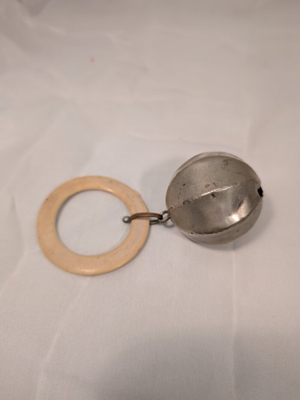 Antique Baby Rattle Teether Silver Tone Bell Ring Victorian Era Keepsake